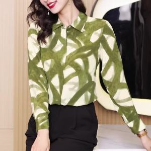 In màu xanh lá Áo voan phong cách Hàn Quốc của người phụ nữ Một hàng khuy tay áo dài áo blouse thanh lịch ammin nghệ thuật thời trang ve áo đơn giản kết cấu hình học