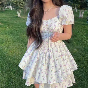 Korean Floral Dress For Women Square Neck Puffy Sleeves Dress For Women Long Floral Beach Dress #COD