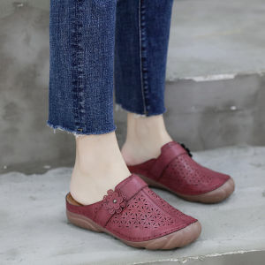 36-44 Closed Toe Womens Slippers Quality Breathable Leather Summer Sandals for Women Daily Shoes Non-slip Lightweight Simple Flower Thick Heel Ladies Shoes Basic Sandals On Sale