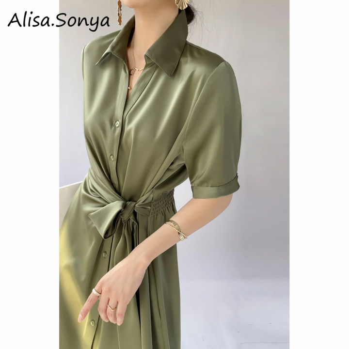 Alisa.Sonya Women's Silky Button Down Belt Elastic Waist Short Sleeve