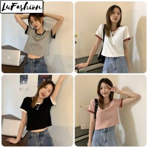 LuFashion Crop Tops for Women Contrasting Colors Korean Slim Summer Short Sleeve Casual T-Shirts