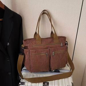 SPS BAGS#4062 Fashionable Women`s  large-capacity corduroy tote bag is a versatile multi-pocket shoulder and crossbody bag designed for work travel and school.