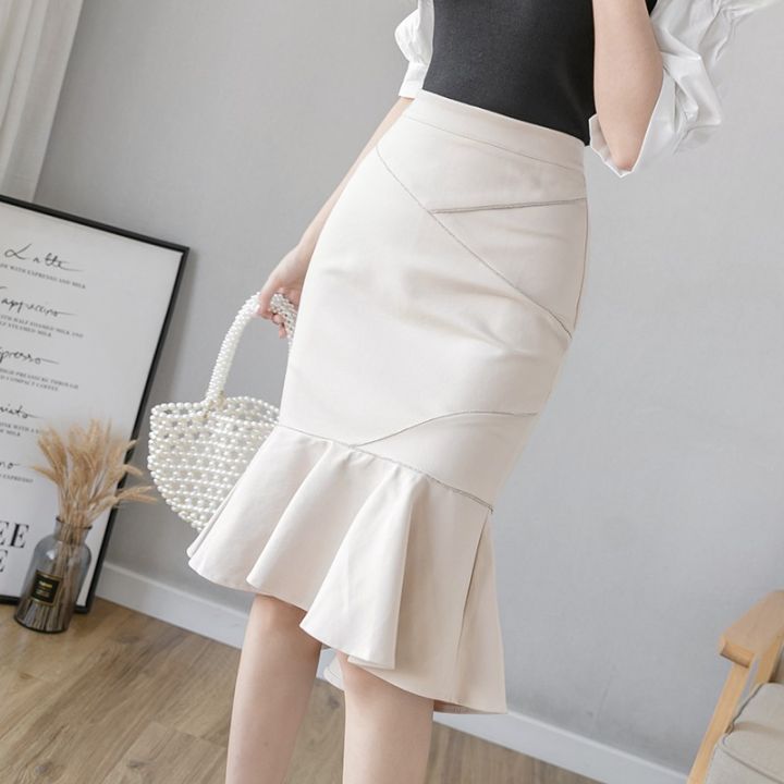 Ruffle Midi Skirt Korean Women Elastic High Waist Pencil Skirt Black White Khaki 5XL Big Size Clothes Lazada PH