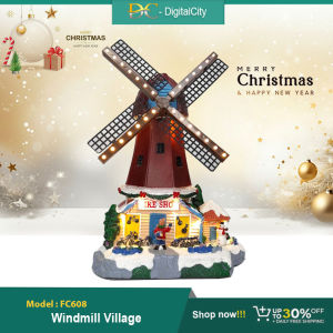 FC608 Windmill Village Christmas Decor with illuminated windmill and Festive Scene.