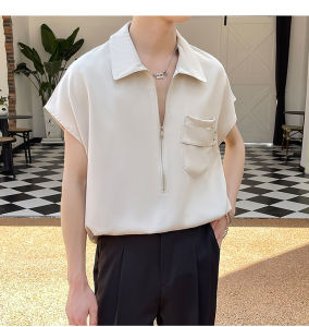 Áo thun áo thun nam tay cộc form rộng mặc thoải mái thích hợp mùa hè với túi trước ngực và khóa kéo ở cổ - H77