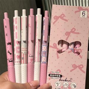 6pcs/set Pink Bowknot Gel Pens ST Quick Drying 0.5mm Black Ink Neutral Pens Smooth Writing Roller Ball Pens Students Stationery School Office Supplies