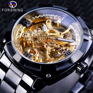 Forsining new fashion retro mens automatic mechanical watch top brand luxury complete gold design luminous pointer skeleton clock. Mens gifts