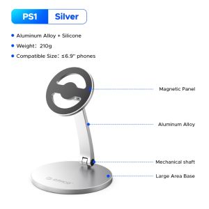 ORICO Aluminum Alloy Phone Stand 360° Rotatable Magnetic & Clip Dual Modes Foldable Desktop Holder 800g Load-Bearing Compatible 6.9inch Phones Switch Adjustable Angle Desk Mount