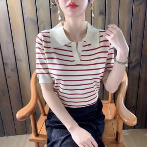Ammin Áo thun Dệt ngắn tay in họa tiết sọc màu thời trang cổ Áo polo 2024 đơn giản Mới Mùa Hè Áo Blouse thanh lịch phong cách ngắn thường ngày phong cách hàn quốc nữ