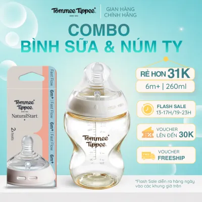 COMBO Bình Sữa PPSU Ty Siêu Mềm Tự Nhiên Tommee Tippee Natural Start 260ml & Núm ty silicon thay thế 6M+