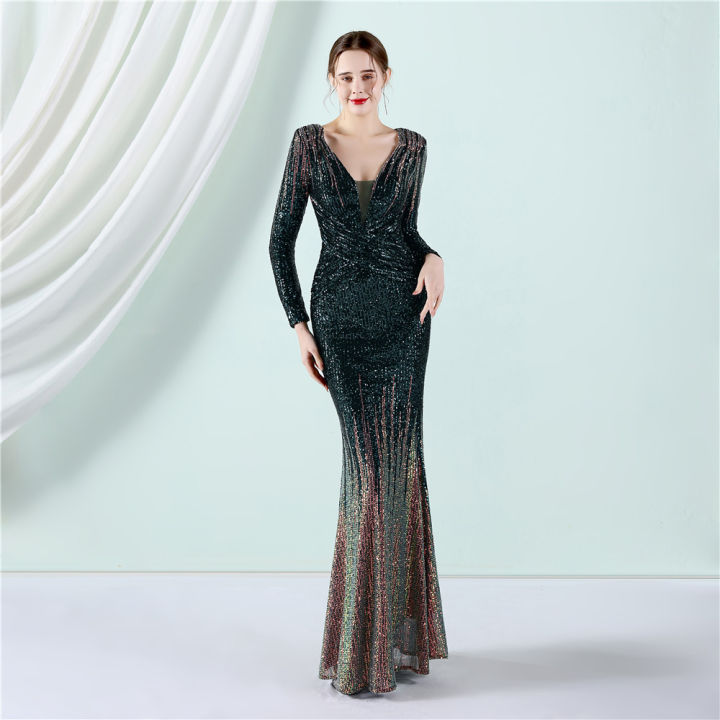 Evening Dress Women Banquet Sequin Fishtail Prom Party Dress Long Gown 