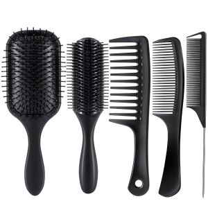 SALONSILK 5PCS Hair Brush Comb Set Women Men Paddle Styling Hair Brushes Wide Fine Tooth Combs Rat Tail Parting Barber Professional Set for Detangling Thick Natural Thin Curly