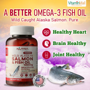 100 Softgels - Nutra Botanics Wild Alaska Omega 3 Salmon Fish Oil 1000mg - Omega-3 EPA DHA Supplement for Heart Health - Molecularly Distilled