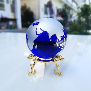(In stock) 6cm Crystal Earth Ball with Base Glass Globe Sphere Feng Shui Crafts Home Desk Decoration Ornaments Creative Gifts Figurines