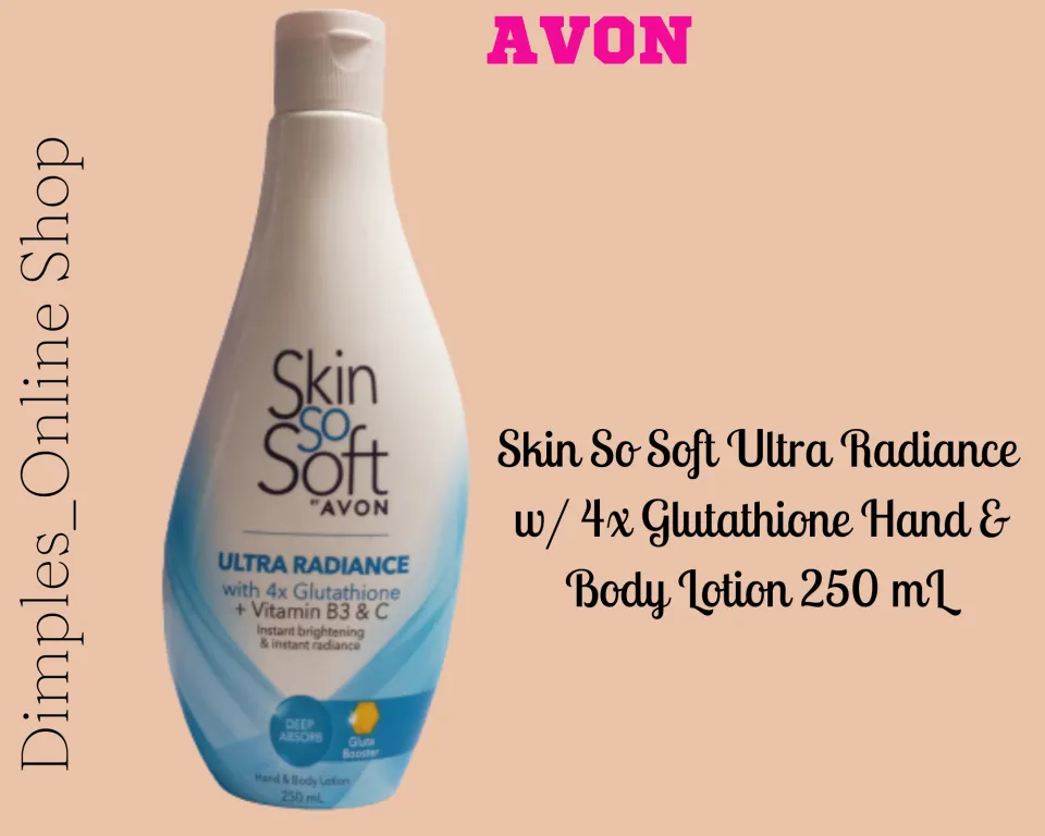 avon sss glutathione lotion price AVON SKIN SO SOFT Ultra Radiance with 4x Glutathione Hand & Body Lotions 4X Glutathione Whitening Lotion Niacinamide Travel Size Lotion - Lazada