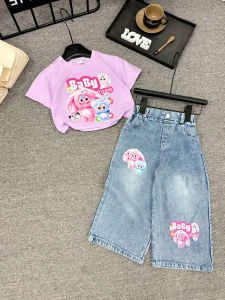 B01 Sét áo thun + quần jean phom xuông cho bé gái 10-35KG chất mềm mại hoạ tiết BABYTHREE hot hit bộ quần áo bé gái phong cách