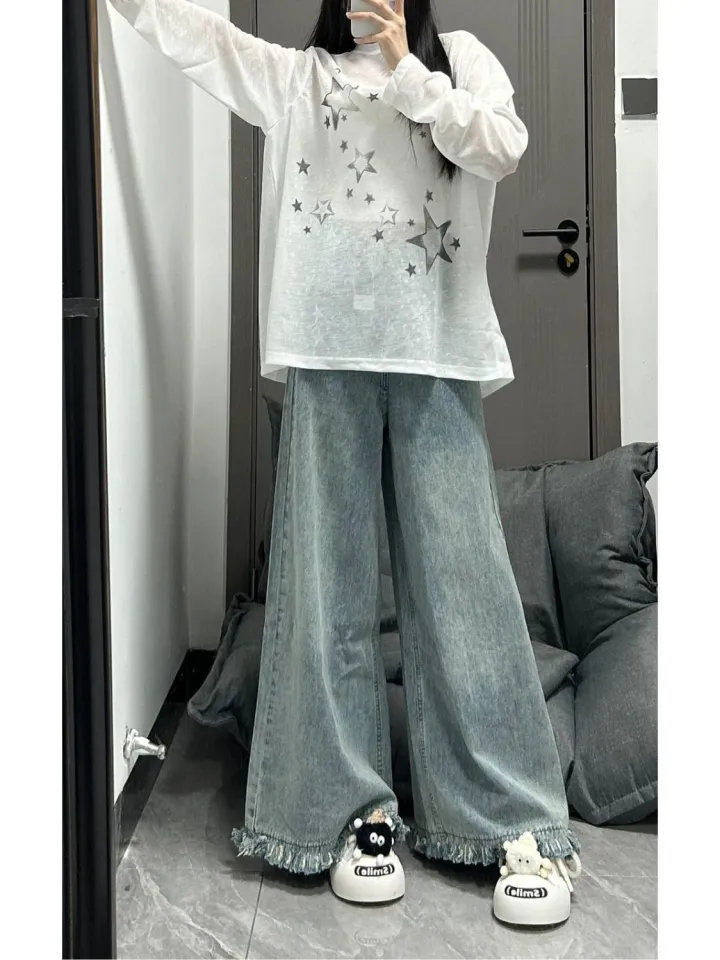 y2k Raw edge big wide leg jeans for women girls Korean style high