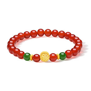 ZHOU LIU FU 24K Solid Gold Bracelets Blessing Stretch Bracelet Red Agate Beaded Bracelet with Green Jade Beads Lucky Pure Gold Jewelry for Women Mom Daughter Birthday 17CM J1913656/J1913657