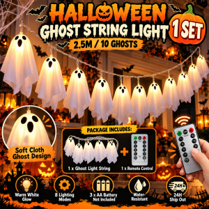 🔥MYStock🔥Halloween Ghost String Lights 2.5M 10LED Battery Powered Remote 8 Modes Home Party Decoration