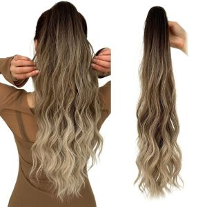 CHICNOOK สีบลอนด์สีน้ำตาลแบบไล่เฉด วิกผมหางม้า สังเคราะห์สังเคราะห์สังเคราะห์ ที่ต่อผม ผมหางม้าสำหรับใช้ต่อ อุปกรณ์เสริมผม ของปลอมปลอม ชิ้นผมหยักลอนยาว สำหรับผู้หญิง