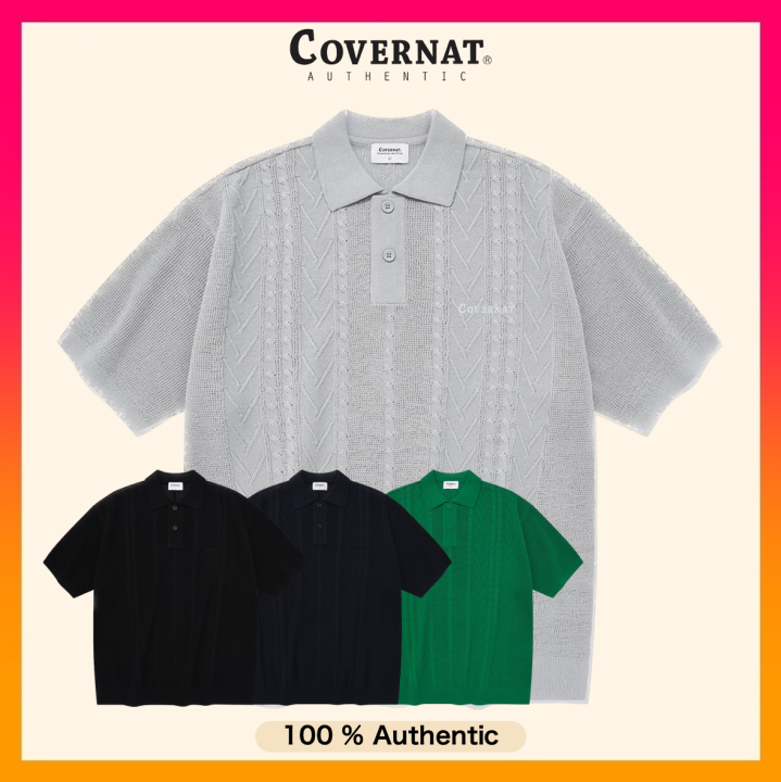 ポロシャツ COVERNAT Cool Cable Collar Half Knit Green Covernat Unisex Cool Cable Collar Half Knit Navy | Collared