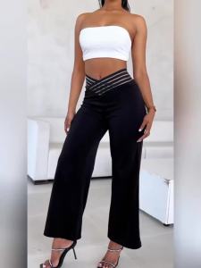 Women Flared Pants Elegant Office Lady Casual High Waist Trousers Spring Summer Solid Crisscross Sheer Mesh Patch Wide Leg Pant