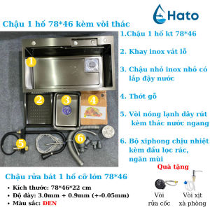 Chậu Rửa Bát 1 Hố Hato INOX SUS304 Cao Cấp Phủ Nano Bồn Rửa Chén 1 Ngăn Lớn Kèm Vòi Thác NướcThớt Khay Rửa Xiphong