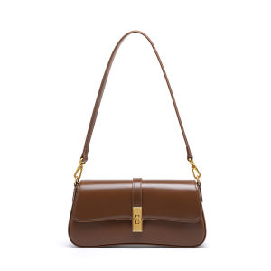 Light luxury genuine leather structured baguette bag with French-style flap and metal twist clasp suitable for daily commuting as a shoulder or crossbody bag #71503