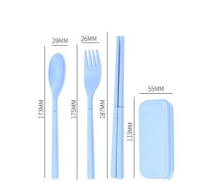 3 in 1 Wheat Straw Cutlery Set with Box Chopstick Spoon Fork Set Utensil Cutlery Tableware Portable Travel Cutlery Set Outdoor Camping 环保餐具套装