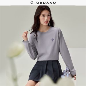 Giordano Beau Monde Women Bouquet embroidery long sleeve cotton tee Free Shipping 13326797