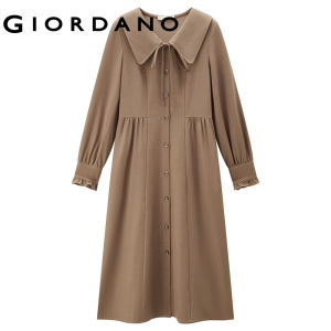 GIORDANO Nữ Váy Ruy băng Cổ lớn Váy nhẹ nhàng Tay dài Xếp ly Cổ tay Cài nút Thời trang Váy thường ngày 18463226