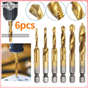 JACIRCLE 6PCS Metric Thread M3-M10 Tap Drill Bits Set Titanium Coated HSS Drill and Tap Bits 1/4 Hex Shank Screw Taps Tool