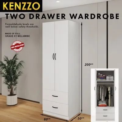 FREE INSTALLATION ! KENZZO : Extra height 2 door wardrobe with 2 drawer solid board/cabinet/cupboard