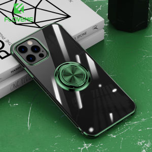 FLOVEME Luxury Transparent Clear Phone Case For iPhone 13 12 11 Pro Max XS Max XR X 7 8 Plus Plating With Ring Holder Stand Shockproof Back Cover