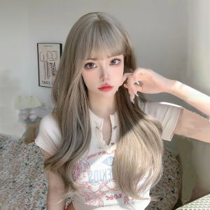 Wigs for Women Female Long Curly Hair with Air Bangs Big Wave Natural Fluffy Wig Full Headgear Wigs