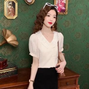 Ammin 2024 mùa hè cổ điển thời trang Xếp Li ve áo cổ điển Áo voan thiết kế nút phụ nữ mới của Trung Quốc tay áo phồng tay ngắn áo blouse thanh lịch