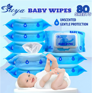 SUYA BABY WIPES UNSCENTED 80SHEETS WITH PORTABLE PACK HIGH QUALITY NO FLOURESCENT AGENT FOR BABY ONLY