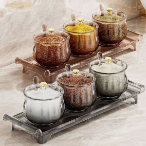 OKDEALS01 Plastic Seasoning Jar Set Waterproof Dustproof Condiment Container Convenient with Lid Spoon Condiment Pot for Home