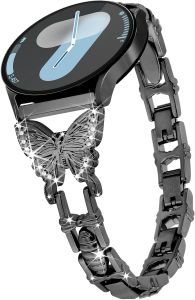 Galaxy Watch 7 6 5 4 Band 20mm Butterfly for Samsung Galaxy Watch 4 5 6 7 FE Band 40mm 44mm Women Bling Metal Strap for Samsung Watch Bands/Watch 6 4 Classic/Watch3 41mm/Active2-Black