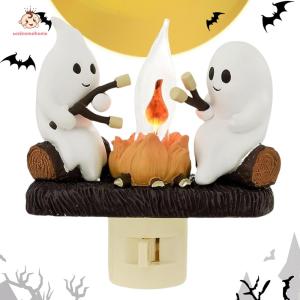 Welcomehome 3D LED Electric Faux Campfire Night Light Resin 2 Ghosts Roasting Marshmallows at Campfire Halloween Indoor Decor