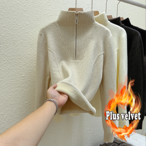 Half-Zip Integrated Fleece Warm Sweater for Women New Winter Thickened Knitted Pullover with Stand Collar sweaters
