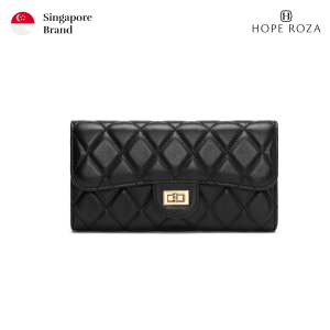 HOPE ROZA Women French Quilted Leather Wallet Soft Calf Leather Clutch With Compartments in Gray and Black