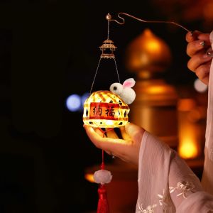 SUNNY BAR Ancient Style Mid-Autumn Festival Lantern Handmade Luminous Rabbit Handheld Lantern Traditional Handcraft Children DIY Lantern Material Kit Kid Gift
