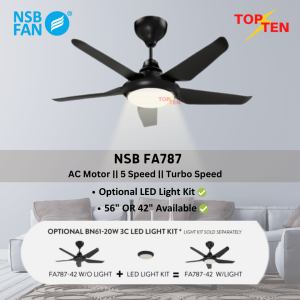 NSB FA787 Ceiling Fan 56" 42" AC Motor 5 Speed Turbo Remote Control Fan External Light Kit Kipas Siling Remote Turbo