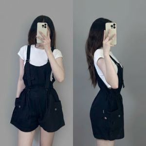 Quần Jean Short Túi Hộp Rút Eo Nắp Túi Yếm Hai Dây Chun Eo Ống Rộng
