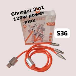 S36 ORI KABEL DATA 6A 3IN1 3 CABANG SUPER FAST CHARGING CABLE SILIKON FAST CHARGING LED 120W POWER M