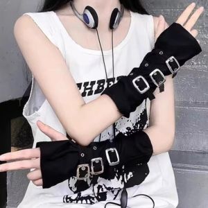 TANTUANG Punk Style Fingerless Gloves Personality 30cm Arm Sleeves Fashion with Buckle Straps Gloves Cosplay Stage Performances