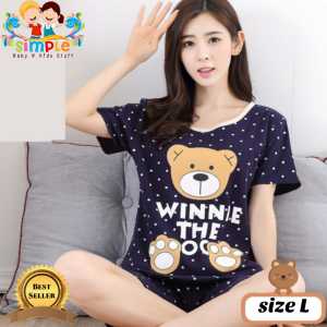 Piyama Wanita Import Spandek Winnie The Pooh Navy / Setelan Baju Tidur Celana Pendek Baju Harian