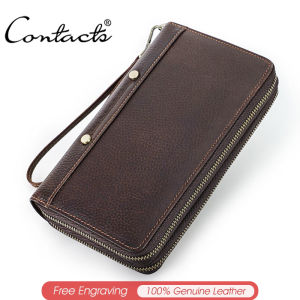 CONTACTS Retro Genuine Leather Casual Mens Handbag with Wrist Strap Double Zipper Storage Bag Wallets
