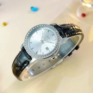 FCOLEVS Womens Watch 100% Authentic Waterproof Quartz Watch Calendar Diamond Dial Leather Strap Elegant Luminous Womens Watch